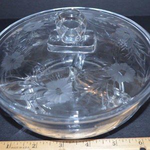 Cut Glass Flower Design 3 Part Divided Candy Relish Nut Dish with Lid